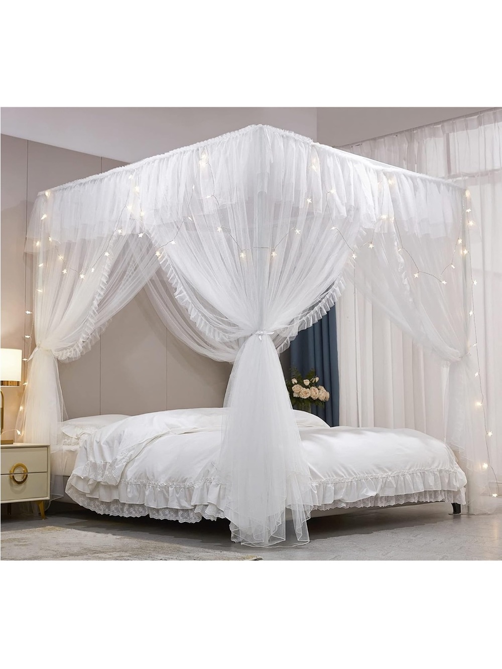 4 Corners Post Ruffle Princess Bed Canopy Curtain-Double Layer Cozy Drape Nettin